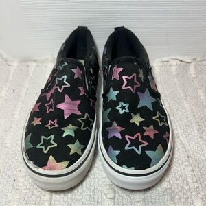 Vans Asher Metallic Foil Stars Black Canvas Slip On Skate Shoes Unisex Kids 2.5